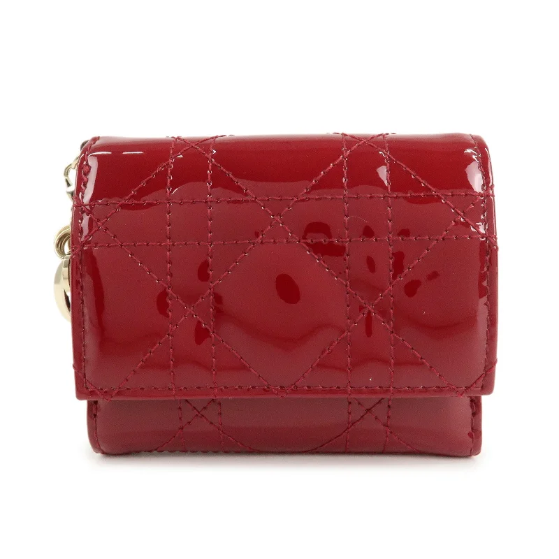 Christian Dior Cannage Lady Dior Leather Lotus Tri fold Wallet Red