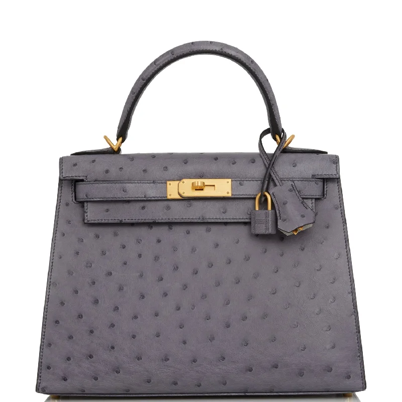 Hermes Special Order (HSS) Kelly Sellier 28 Gris Agate and Gris Perle Ostrich Brushed Gold Hardware