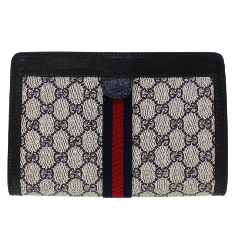 GUCCI GG Canvas Sherry Line Clutch Bag PVC Leather Navy Red  yk7884