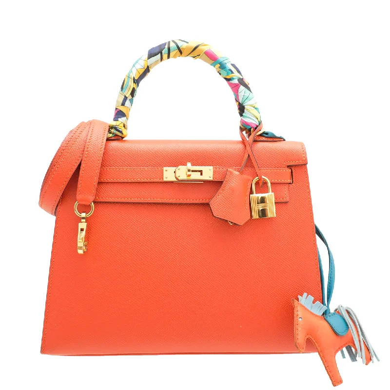 Hermes Orange Poppy Sellier Kelly 25 Bag W- Rodeo Charm & Twilly