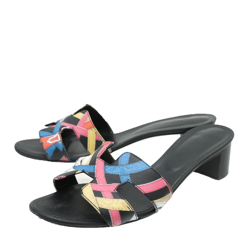 Hermes Noir Multicolor Cavalcadour Print Oasis Sand Sandals 41.5