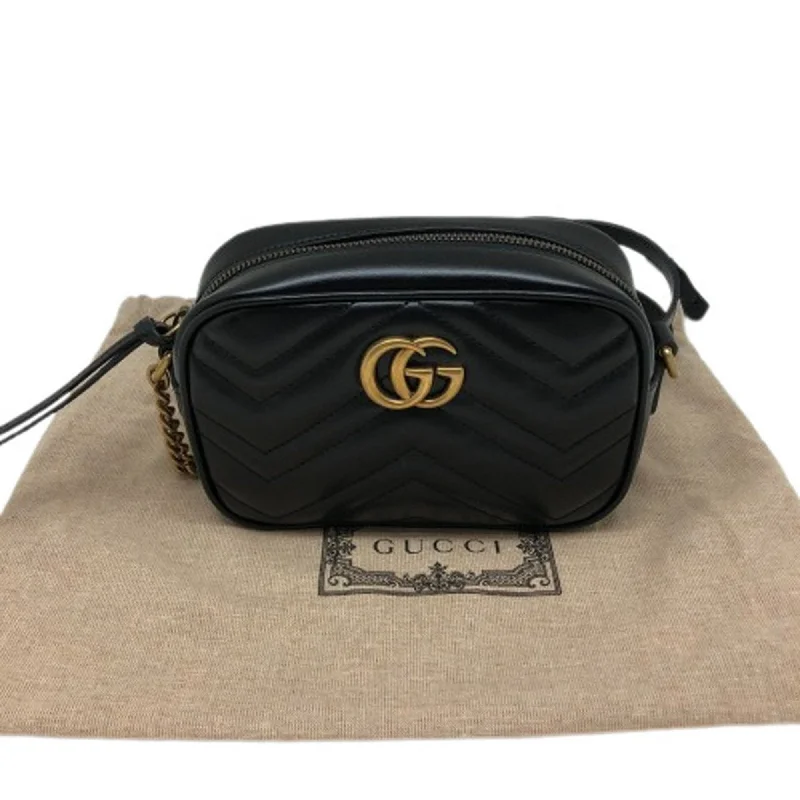 GUCCI GG Marmont Chain Shoulder Bag Crossbody 448065 Leather Black Gold Hardware Women's