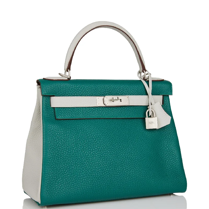 Hermes Special Order (HSS) Kelly Retourne 28 Malachite and Gris Perle Clemence Brushed Palladium Hardware