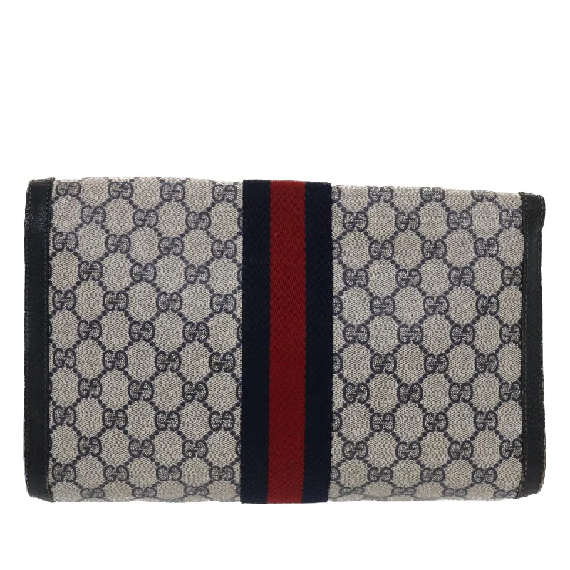 GUCCI GG Canvas Sherry Line Clutch Bag PVC Leather Navy Red  49081