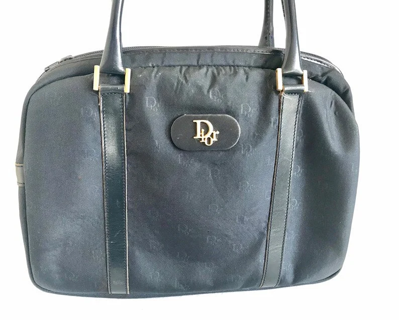 CHRISTIAN DIOR Vintage navy handbag with logo jacquard nylon and leather trimmings