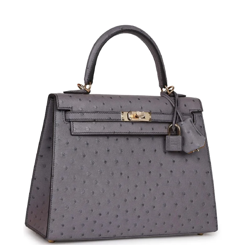 Hermes Special Order (HSS) Kelly Sellier 25 Gris Agate Verso Ostrich Permabrass Hardware