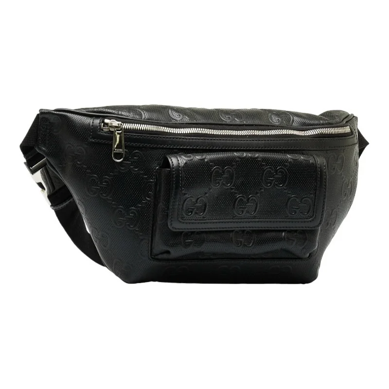 GUCCI GG embossed waist bag body shoulder 645093 black leather men's