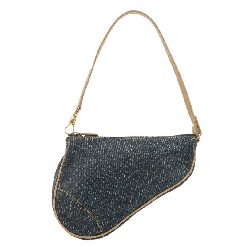 Christian Dior Denim Leather Saddle Pouch SHoulder Bag Blue Beige