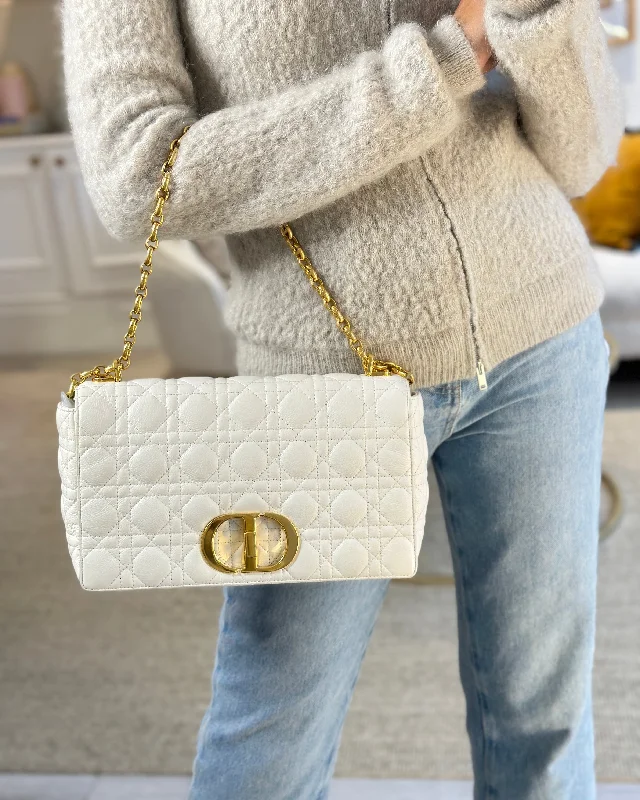 Christian Dior Ivory Large Caro Supple Cannage Calfskin Leather Flap Bag With Gold Hardware