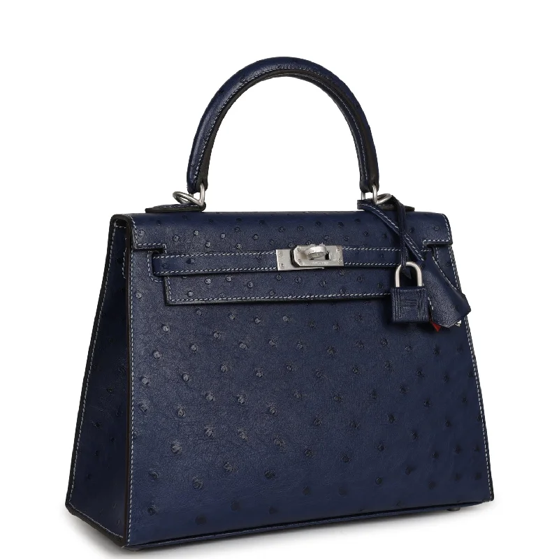 Hermes Special Order (HSS) Kelly Sellier 25 Bleu Iris Verso Ostrich Brushed Palladium Hardware