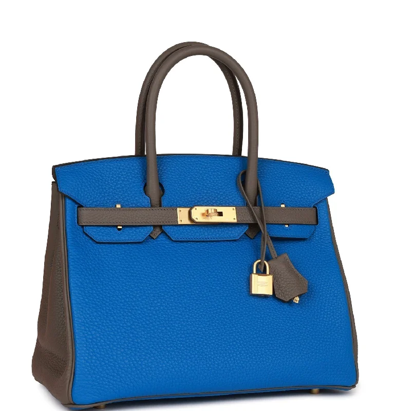 Hermes Special Order (HSS) Birkin 30 Bleu Electric and Etain Clemence Brushed Gold Hardware