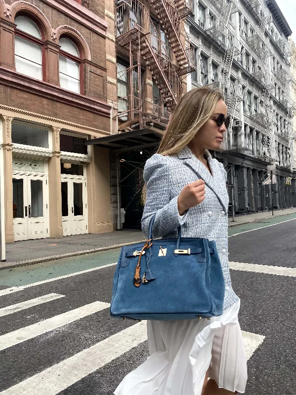 Hermès Birkin 35 Blue Thalassa Grizzly Suede, Swift Permabrass Hardware