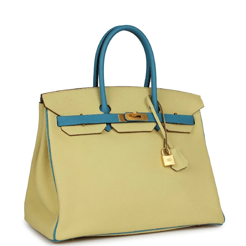 Hermes Special Order (HSS) Birkin 35 Jaune Poussin and Bleu Paradise Togo Brushed Gold Hardware