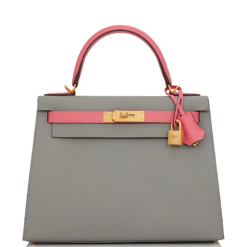 Hermes Special Order (HSS) Kelly Sellier 28 Gris Mouette and Rose Azalee Epsom Brushed Gold Hardware