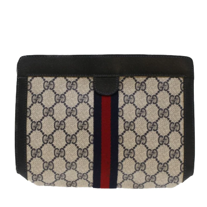 GUCCI GG Canvas Sherry Line Clutch Bag PVC Leather Navy Red  yk7860