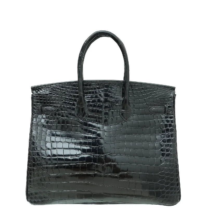 Hermes Noir Shiny Crocodile Porosus Birkin 35 Bag