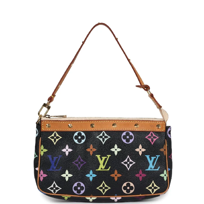 Vintage Louis Vuitton Black Multicolor Monogram Pochette Accessories Gold Hardware